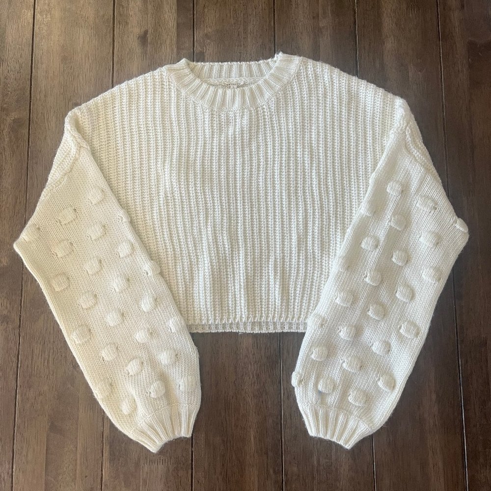 White Crop top Sweater with Pom Poms on Sleeves- Large - En Creme - NWOT